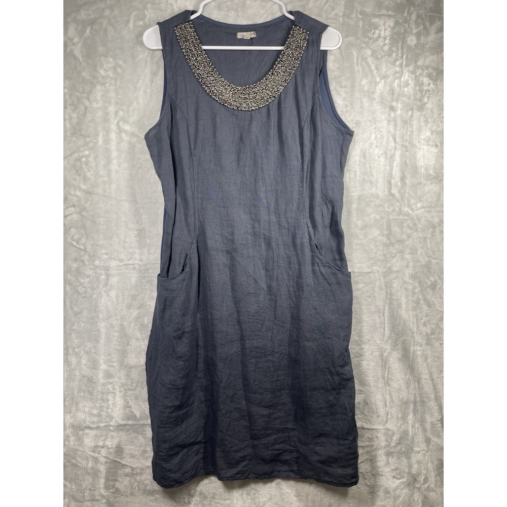 Lina Tomei Linen Dress Small Womens Beaded Pockets Made in Italy